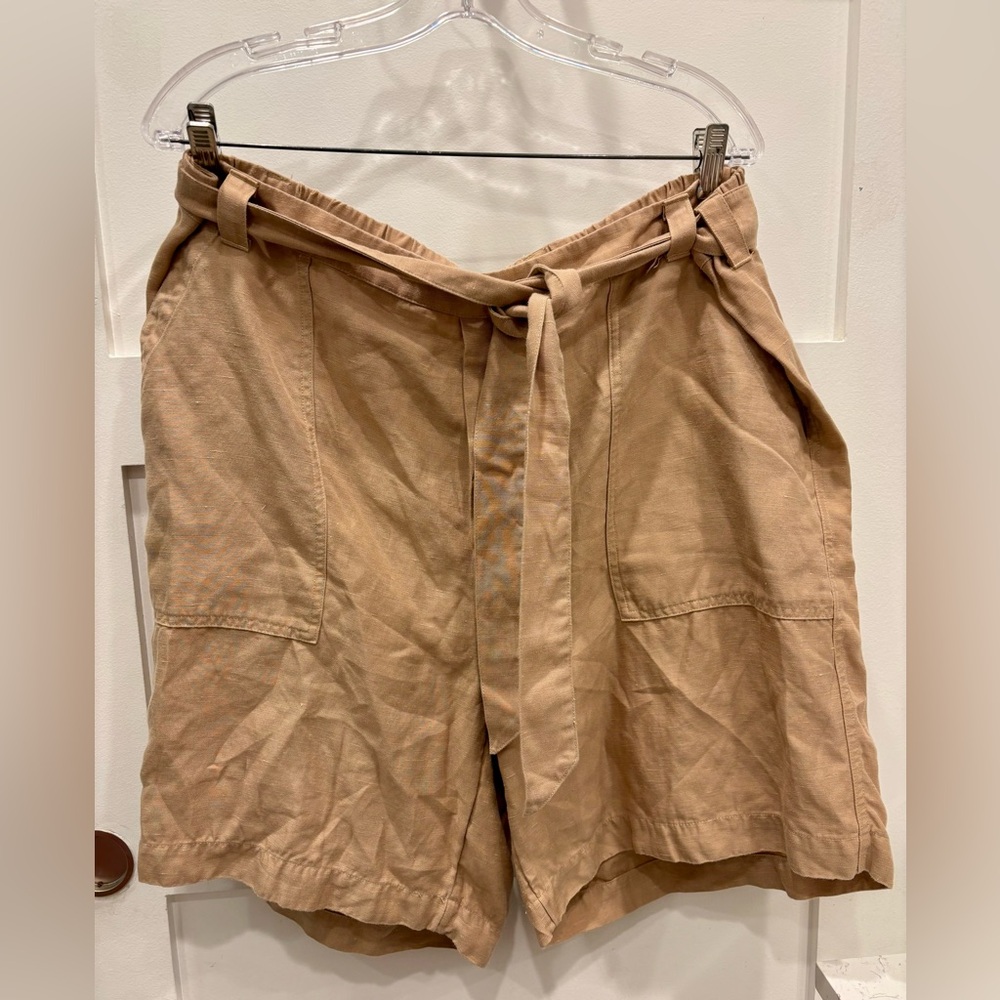 Soft Surroundings Tan Tie-Waist Linen-Blend Shorts Lyocell / Linen Blend